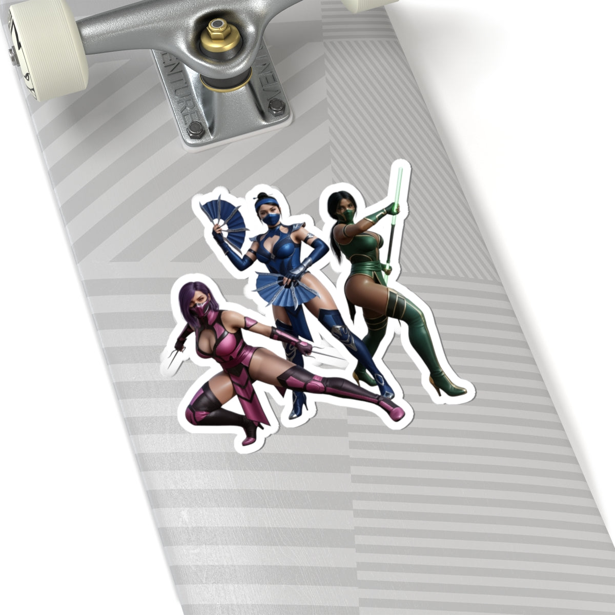 Kitana, Jade, Mileena Sticker – Mortal Kombat Vinyl Sticker for Laptops & Indoor Decor on skateboard showcasing three characters in glossy durable vinyl