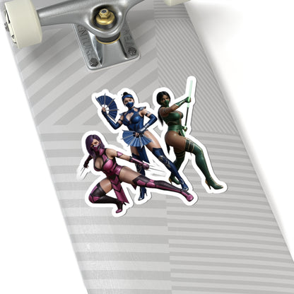Kitana, Jade, Mileena Sticker – Mortal Kombat Vinyl Sticker for Laptops & Indoor Decor on skateboard showcasing three characters in glossy durable vinyl