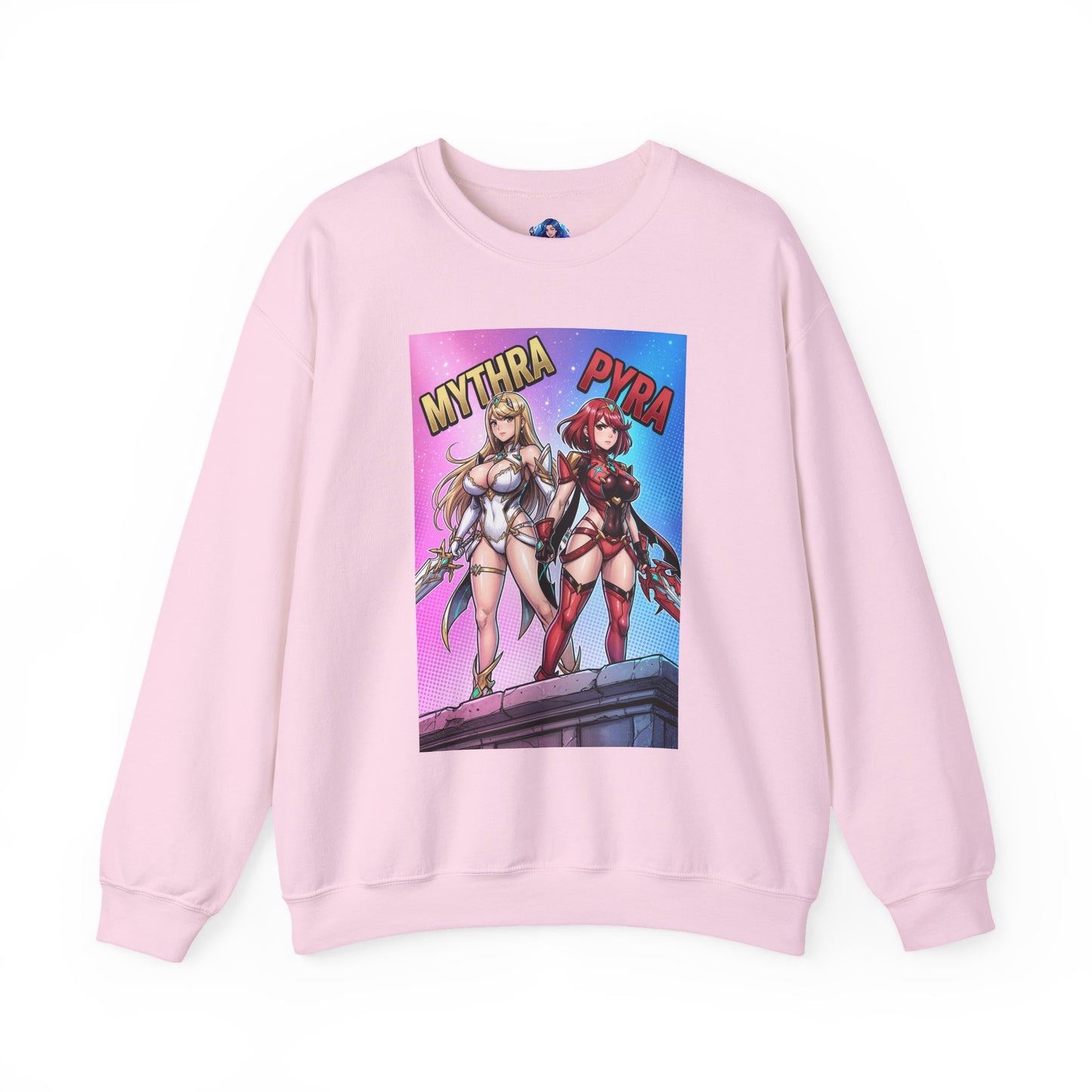 Mythra and Pyra Sweatshirt, Fantasy RPG Crewneck, Anime-Inspired Fan Apparel featuring Mythra’s radiant elegance and Pyra’s fiery strength