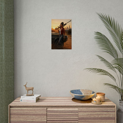 Panam Palmer Poster, Cyberpunk 2077 Art Print, Iconic Nomad Character hung above a modern gaming room console