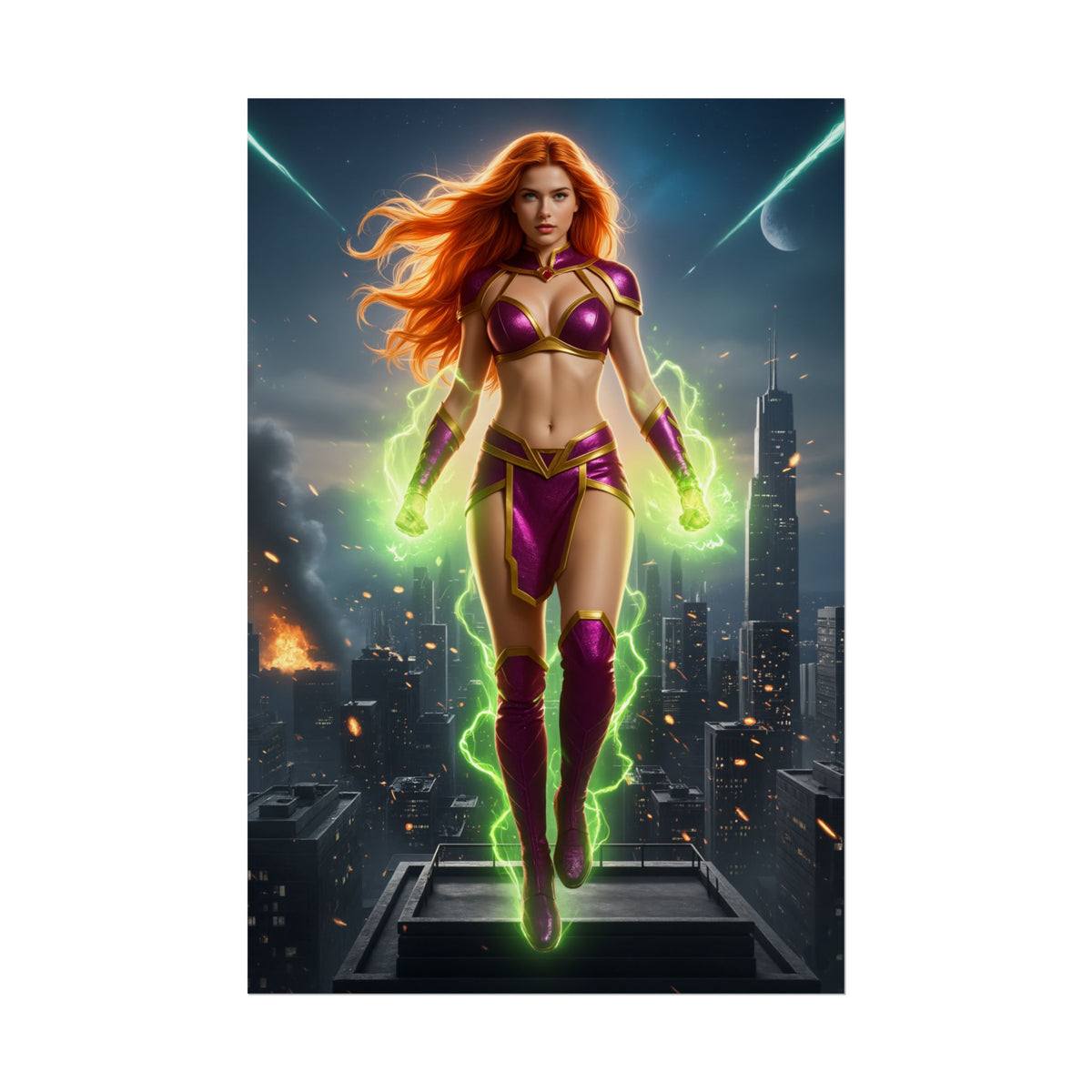Starfire Poster, Teen Titans Art Print, Iconic Alien Hero Wall Decor - vibrant Starfire art with radiant green energy over city skyline