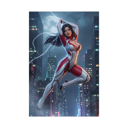 Spider-Woman Poster, Marvel Wall Art Print – Heroine Decor: dynamic Spider-Woman heroine print in red-white suit swinging through rainy cityscape