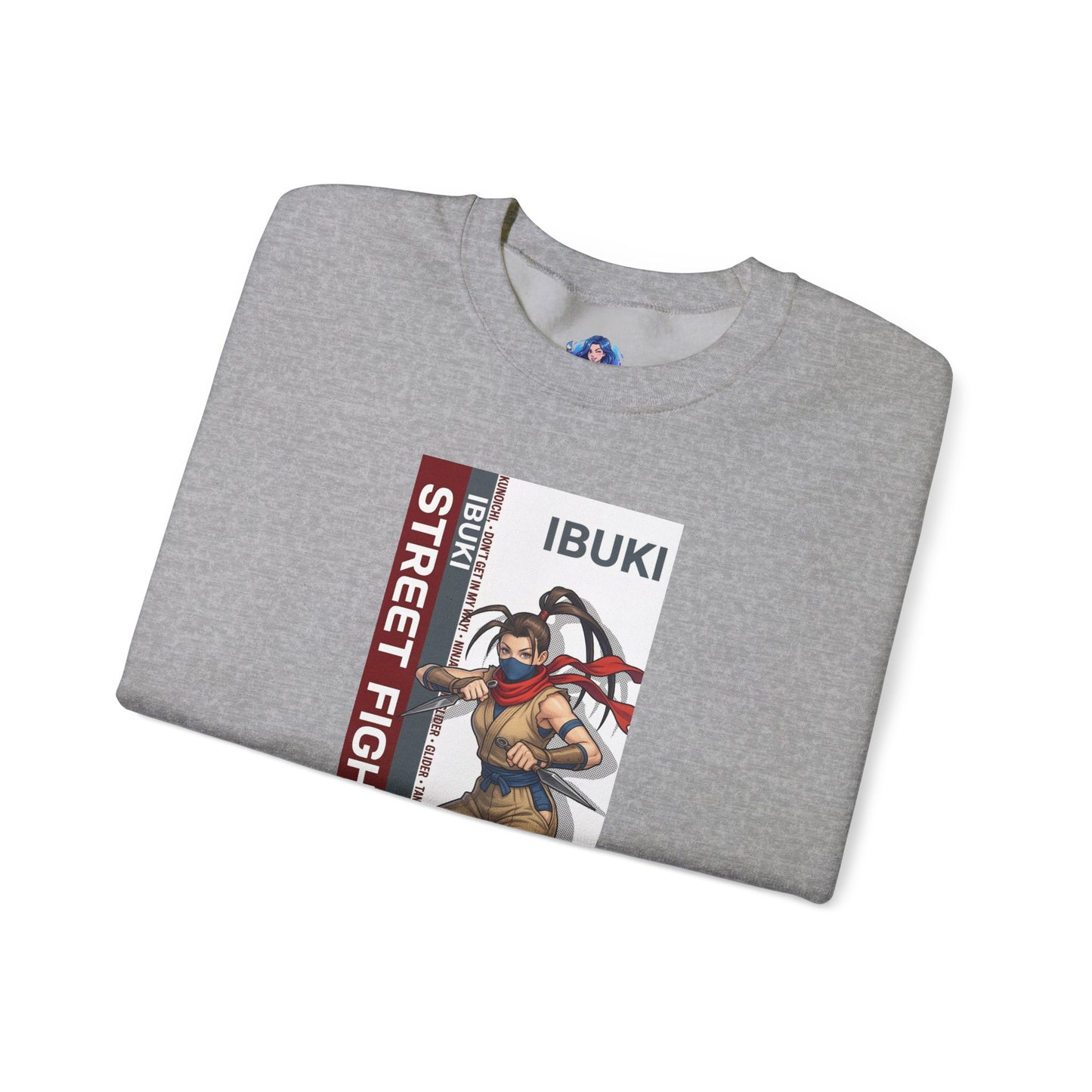 Ibuki Sweatshirt, Street Fighter Crewneck, Agile Ninja Gaming Apparel for Fans - gray crewneck with Ibuki ninja artwork