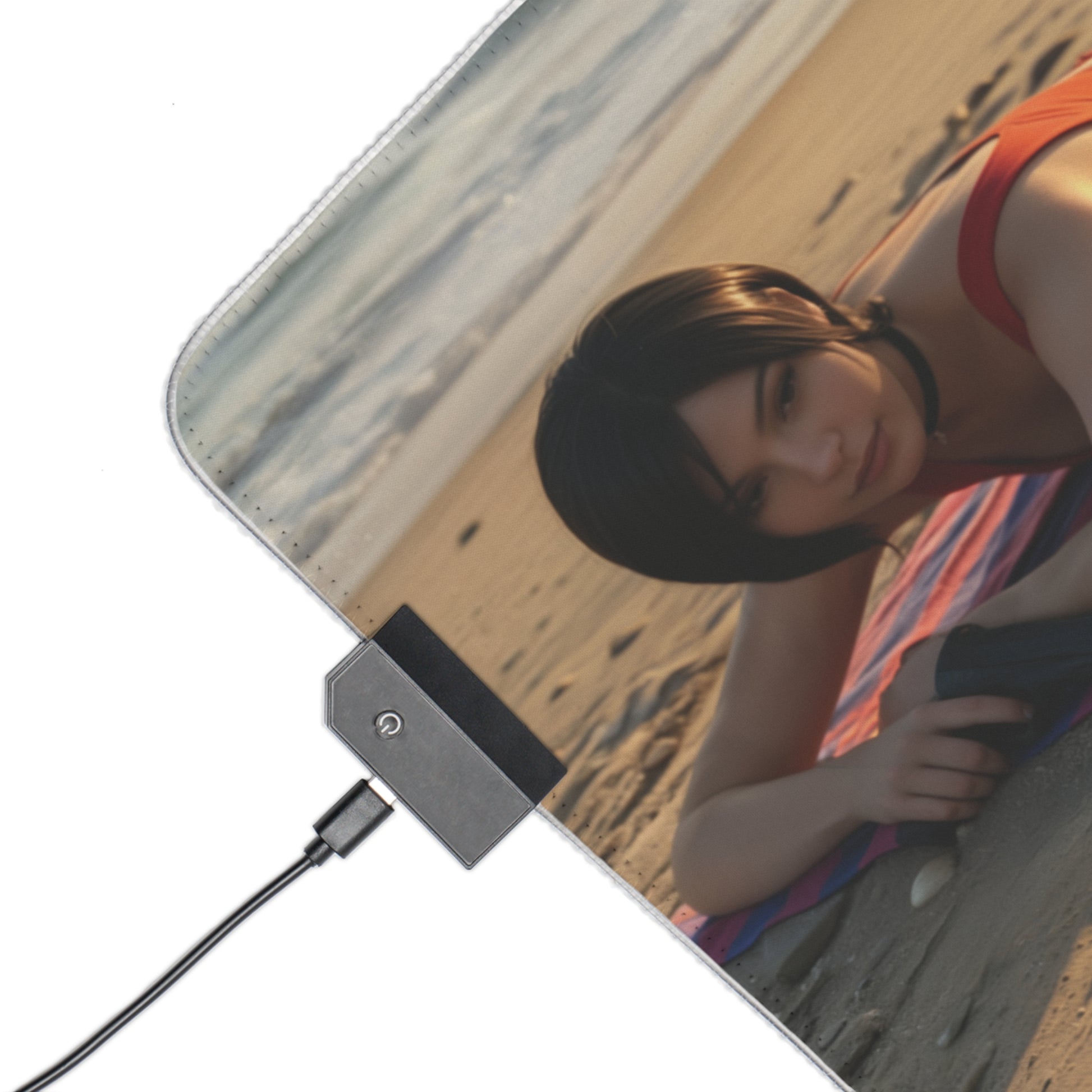 Ada Wong, Claire Redfield & Jill Valentine Desk Mat – LED RGB Pad showing close-up corner with RGB controller and character artwork on beach scene
