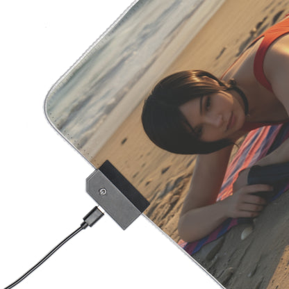 Ada Wong, Claire Redfield & Jill Valentine Desk Mat – LED RGB Pad showing close-up corner with RGB controller and character artwork on beach scene