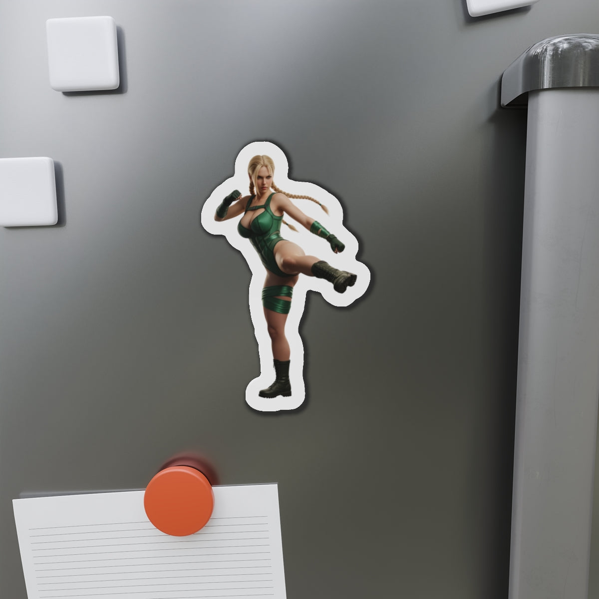 Cammy White Magnet – Street Fighter Anime Heroine Fridge Magnet, Game Decor die-cut vinyl magnet of Cammy in green fighting pose on a fridge