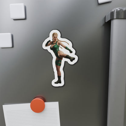 Cammy White Magnet – Street Fighter Anime Heroine Fridge Magnet, Game Decor die-cut vinyl magnet of Cammy in green fighting pose on a fridge