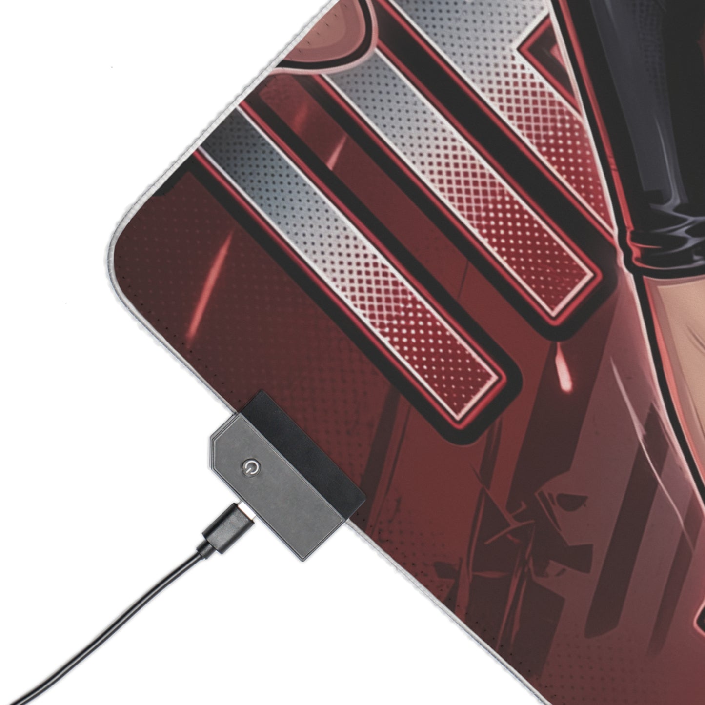 Tifa Lockhart RGB Desk Mat, Final Fantasy Gaming Mouse Pad, LED Desk Mat for Gamer Setup close-up corner showing red-black character artwork and USB LED controller