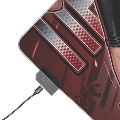 Tifa Lockhart RGB Desk Mat, Final Fantasy Gaming Mouse Pad, LED Desk Mat for Gamer Setup close-up corner showing red-black character artwork and USB LED controller