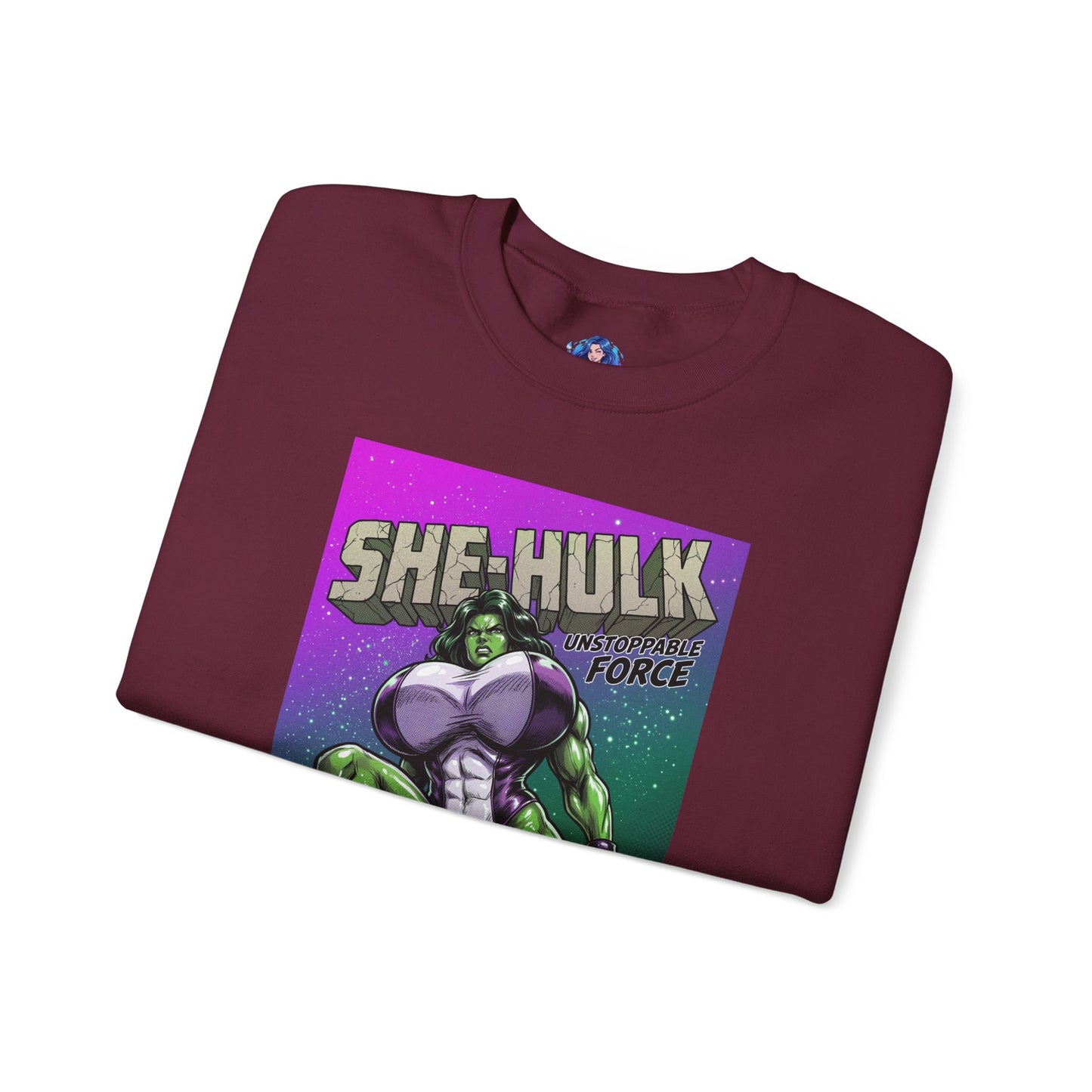 She-Hulk Sweatshirt, Comic Character Art, Premium Fan Apparel featuring She-Hulk graphic in bold green comic illustration on maroon crewneck
