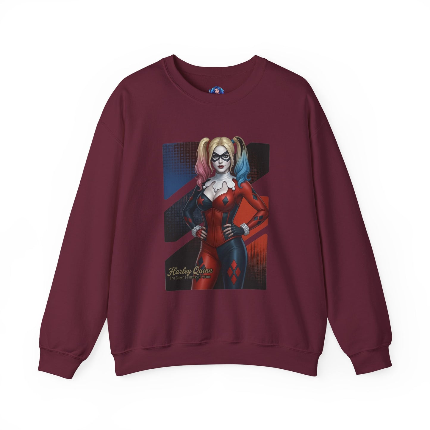 Harley Quinn Sweatshirt, DC Comics Crewneck, Iconic Comic Apparel for Fans - maroon crewneck with red-and-black Harley Quinn artwork