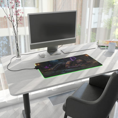 Mileena Desk Mat – LED RGB Pad, Waifu Fighter Anime Girl Setup on modern gaming desk with PC monitor and green LED glow