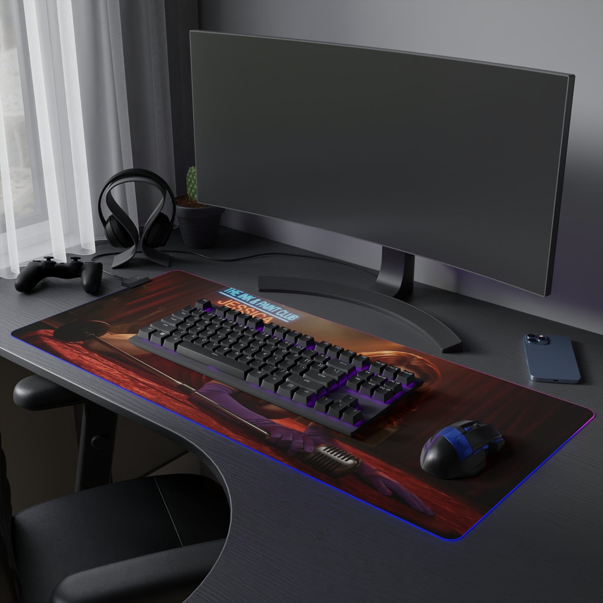 Jessica Rabbit Desk Mat – LED RGB Pad, Waifu Anime Girl Setup on dark gaming desk with RGB lighting, keyboard and mouse