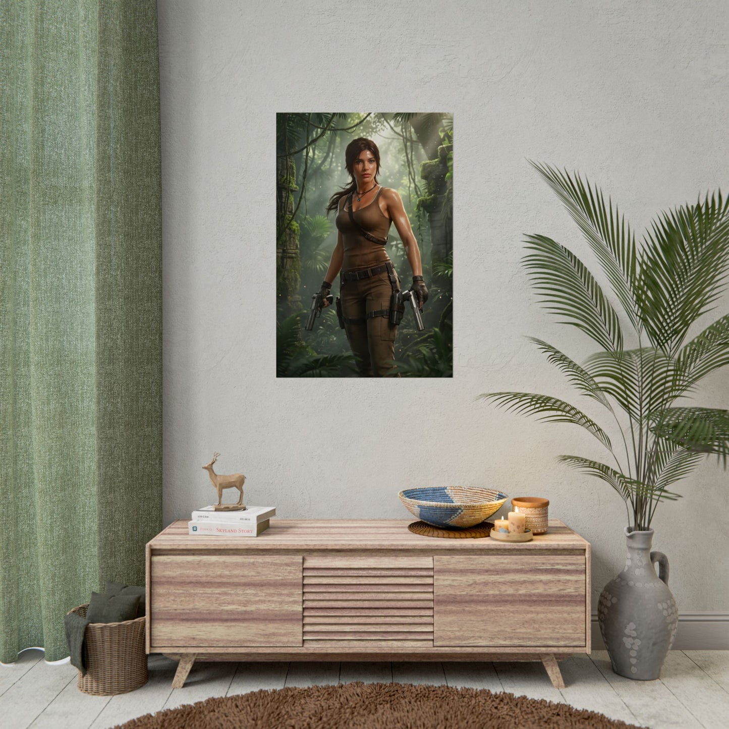 Lara Croft Poster – Iconic Adventure Heroine Wall Art for Gamer Decor showing realistic Lara Croft jungle portrait on a living room wall