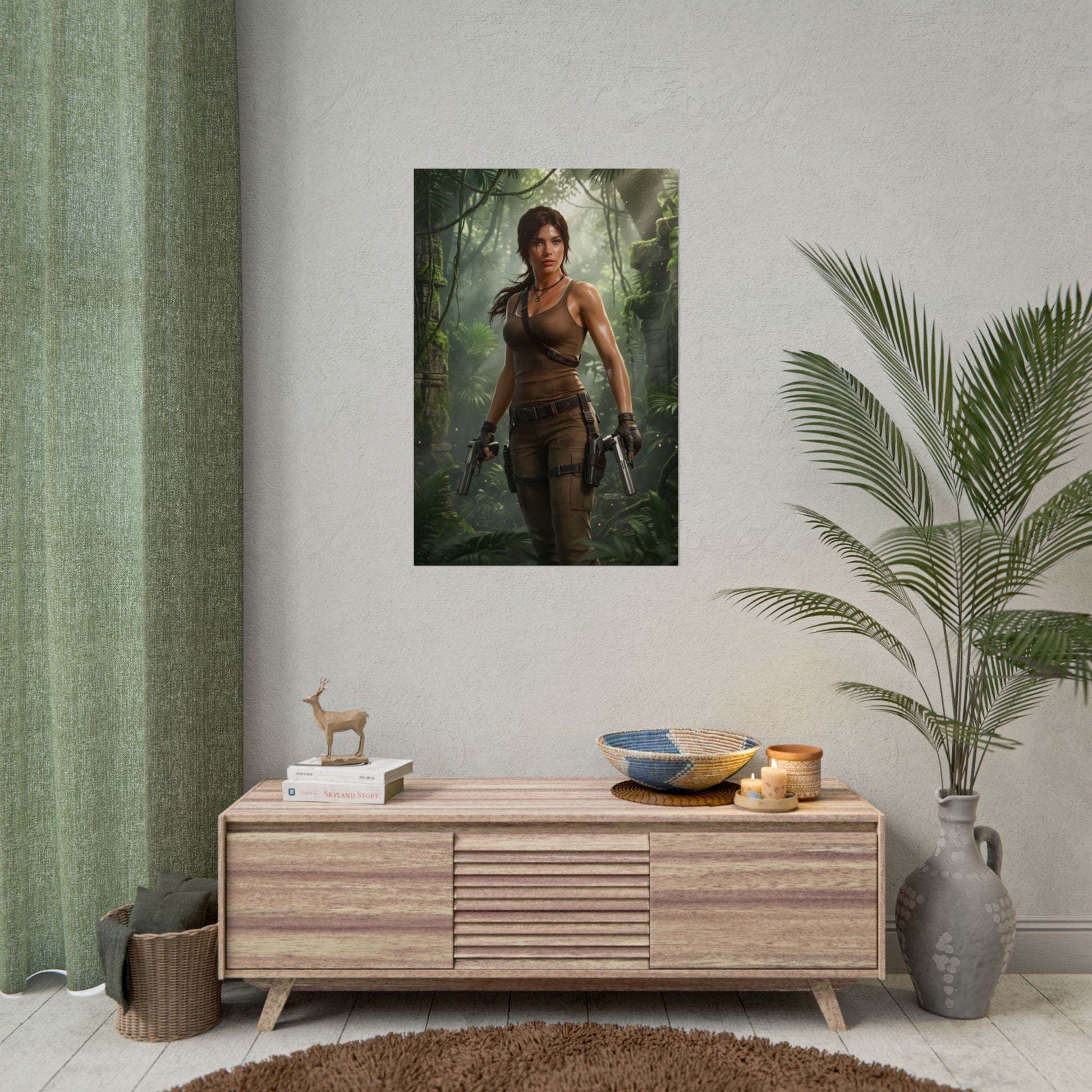 Lara Croft Poster – Iconic Adventure Heroine Wall Art for Gamer Decor showing realistic Lara Croft jungle portrait on a living room wall