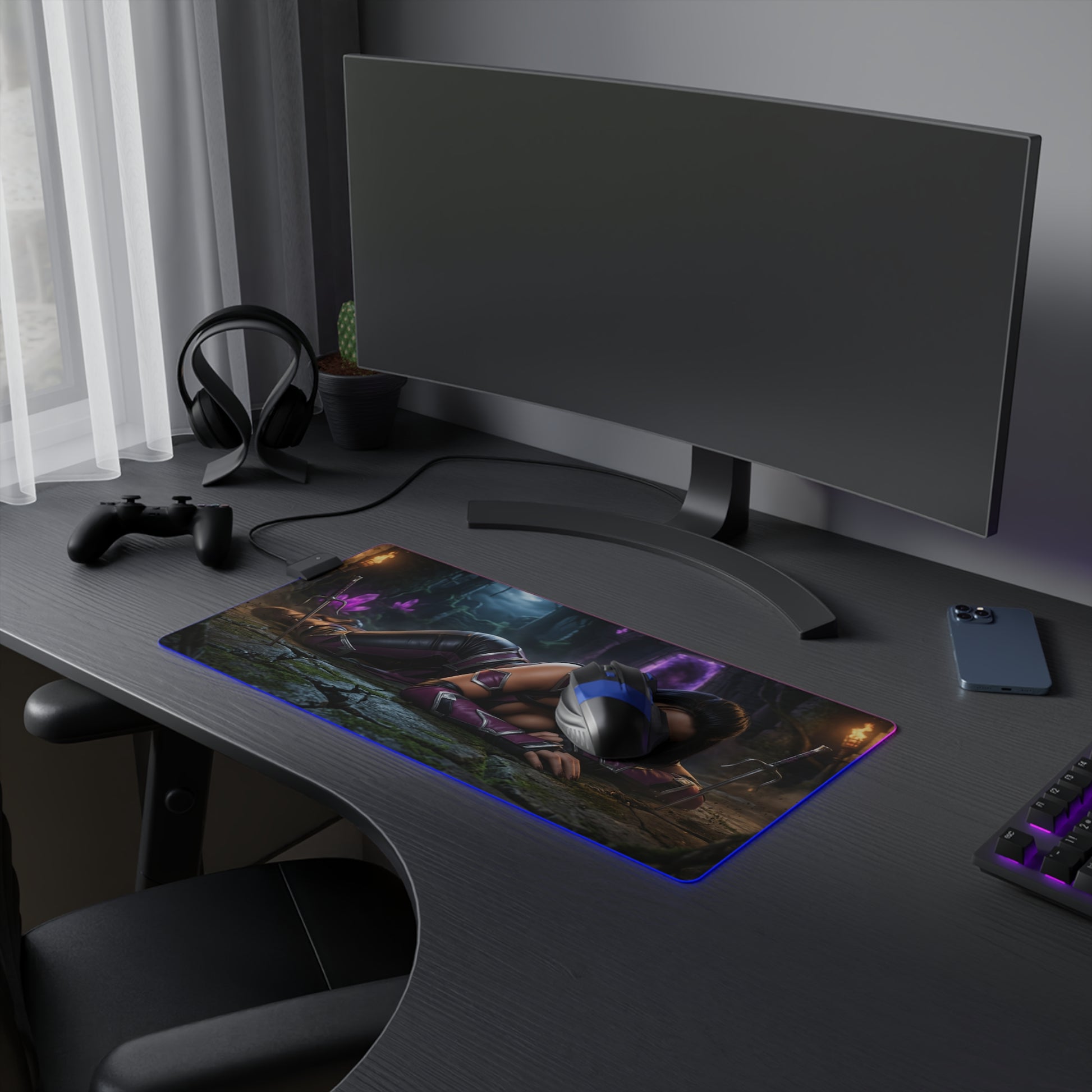 Mileena Desk Mat – LED RGB Pad, Waifu Fighter Anime Girl Setup on dark gaming desk with RGB lighting, smooth precision-cloth surface and mouse
