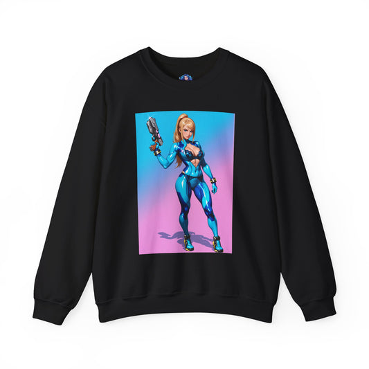 Samus Aran Sweatshirt, Power Suit Crewneck, Premium Sci-Fi Gaming Streetwear — black crewneck with vivid Samus power suit artwork