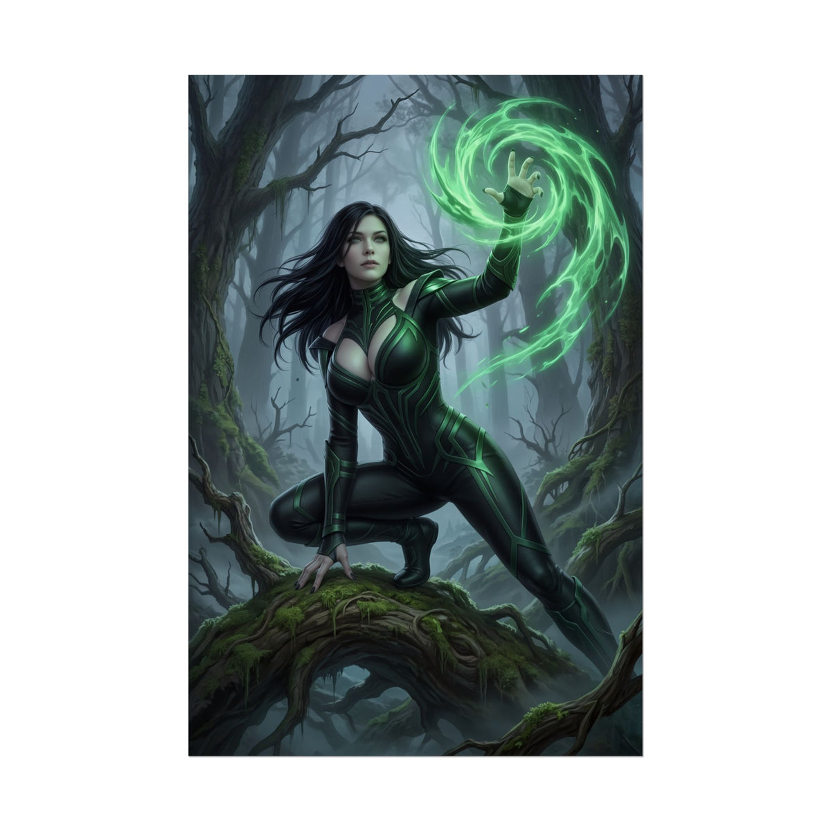 Hela Poster, Marvel Wall Art Print  Dark Fantasy Decor featuring villainous heroine casting green magic in a misty forest