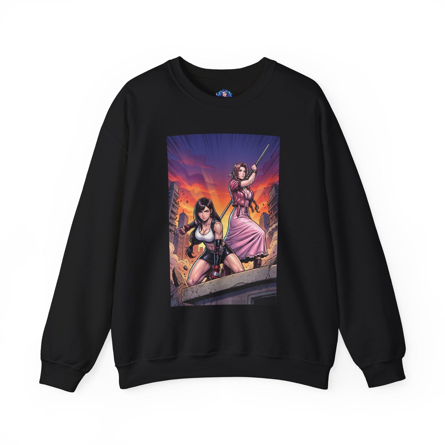 Tifa Lockhart & Aerith Gainsborough Sweatshirt, Game Character Art, Premium Fan Apparel - black crewneck showing Tifa and Aerith in battle-ready pose