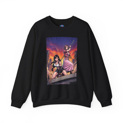 Tifa Lockhart & Aerith Gainsborough Sweatshirt, Game Character Art, Premium Fan Apparel - black crewneck showing Tifa and Aerith in battle-ready pose