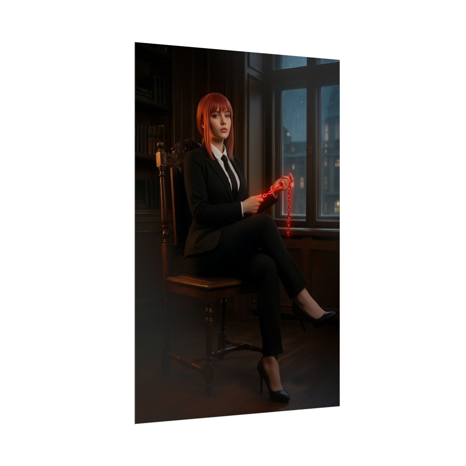 Makima Poster, Chainsaw Man Print, Iconic Anime Character Art – Makima seated in suit holding glowing red chains in moody study