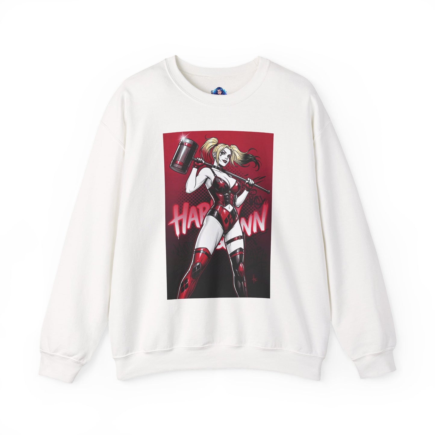 Harley Quinn Sweatshirt, DC Comics Pop Art Style, Premium Fan Apparel - white crewneck with anime-style Harley holding oversized hammer