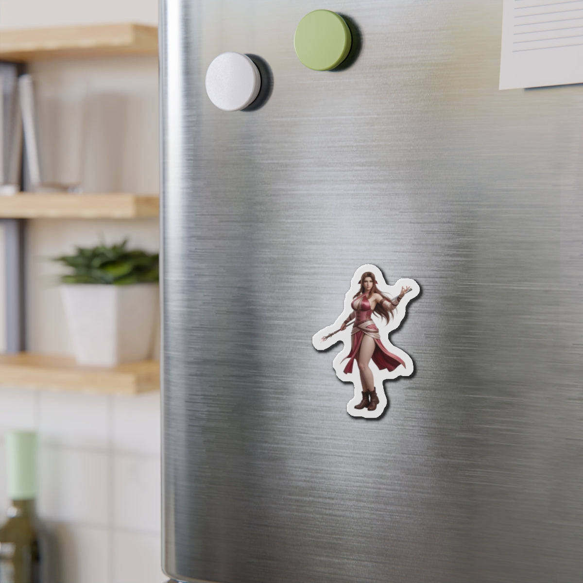 Aerith Magnet – Final Fantasy VII Fridge Magnet, Anime Heroine Decor on stainless steel fridge showing die-cut vinyl magnet of Aerith