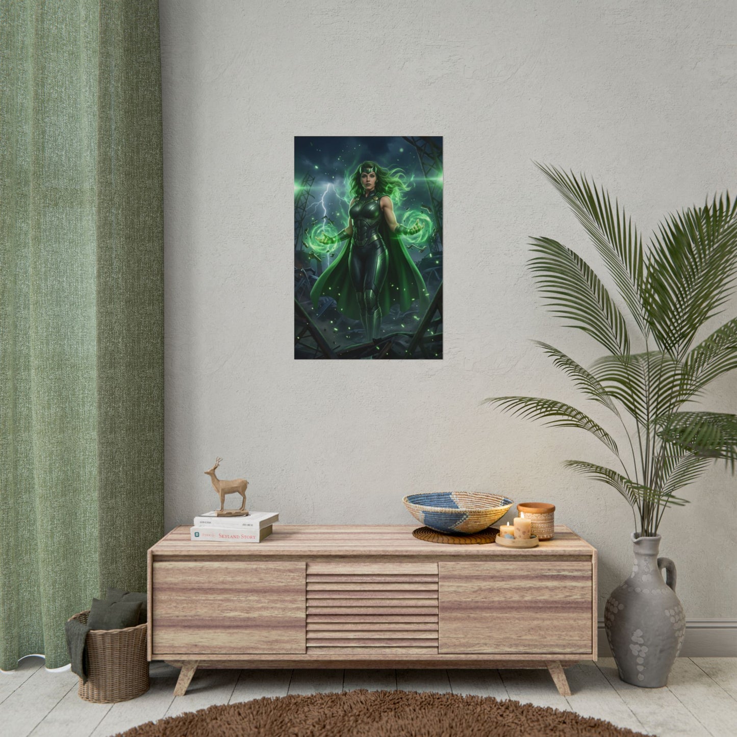 Polaris Poster, Marvel Art Print – Iconic Mutant Heroine Wall Art glowing magnetic superheroine poster in modern living room decor