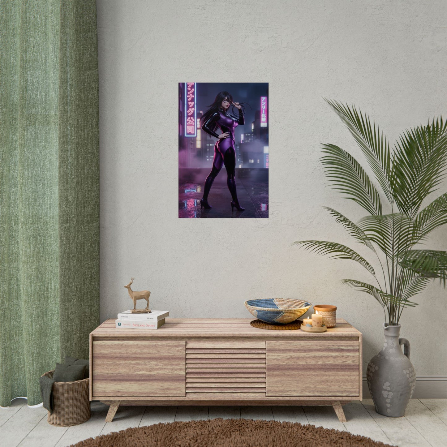 Midnight Poster, My Hero Academia Art Print – Anime Heroine Wall Art on living room wall above media console, neon anime decor