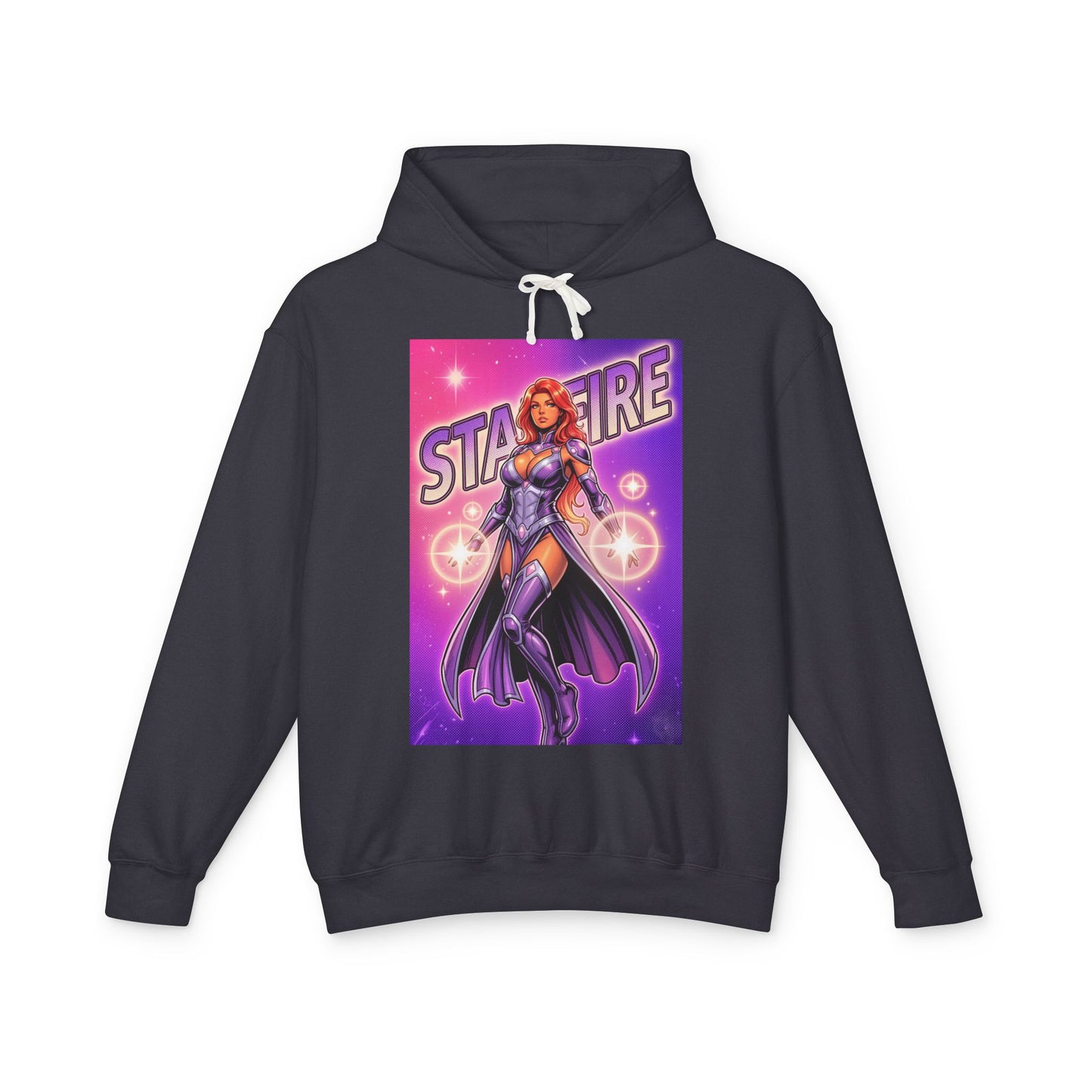 Starfire Hoodie | DC Superhero Hoodie | Cosmic Princess Pullover black hoodie with Starfire cosmic artwork and vibrant purple-pink poster design