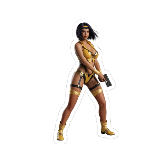 Faye Valentine Sticker – Anime Vinyl Sticker for Laptops & Indoor Decor, glossy durable vinyl showing confident character holding a pistol