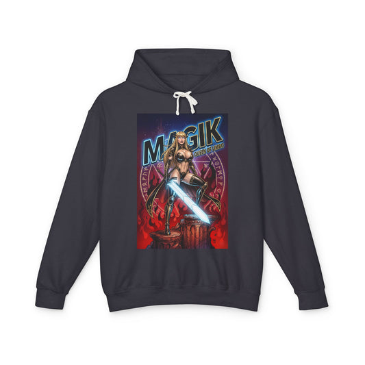 Magik Hoodie | Dark Fantasy Hoodie | Anime Sword Warrior Pullover featuring anime sword warrior design, mystical armor and glowing blade on black pullover