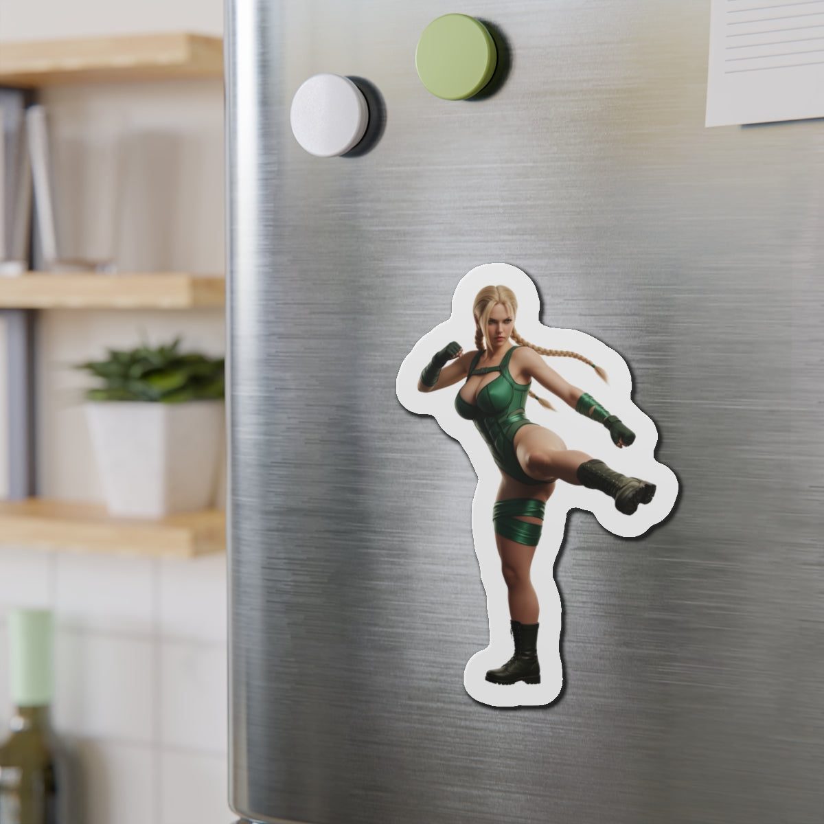 Cammy White Magnet – Street Fighter Anime Heroine Fridge Magnet, Game Decor on stainless fridge showing die-cut vinyl Cammy in green outfit