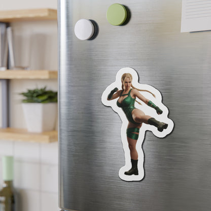 Cammy White Magnet – Street Fighter Anime Heroine Fridge Magnet, Game Decor on stainless fridge showing die-cut vinyl Cammy in green outfit