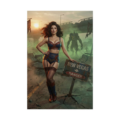Fallout Pinup Queen Poster / Fallout Pinup Wall Art / Fallout Pinup Art Print / Fallout Poster - glamorous pinup heroine in New Vegas ruins with looming power armor