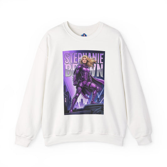 Stephanie Brown Sweatshirt, DC Comics Art Print Style, Premium Hero Apparel featuring Stephanie in purple tactical suit on rooftop, blonde hair