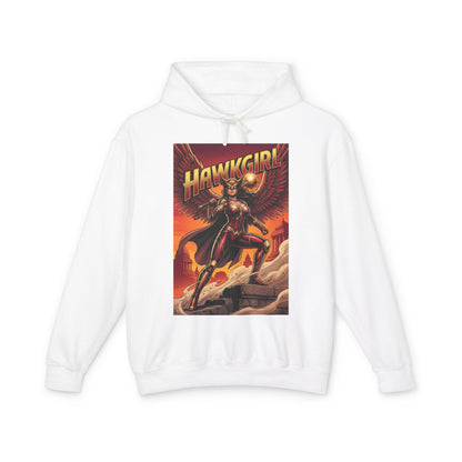 Hawkgirl Hoodie | DC Superhero Hoodie | Winged Warrior Pullover white pullover with bold Hawkgirl comic cover print