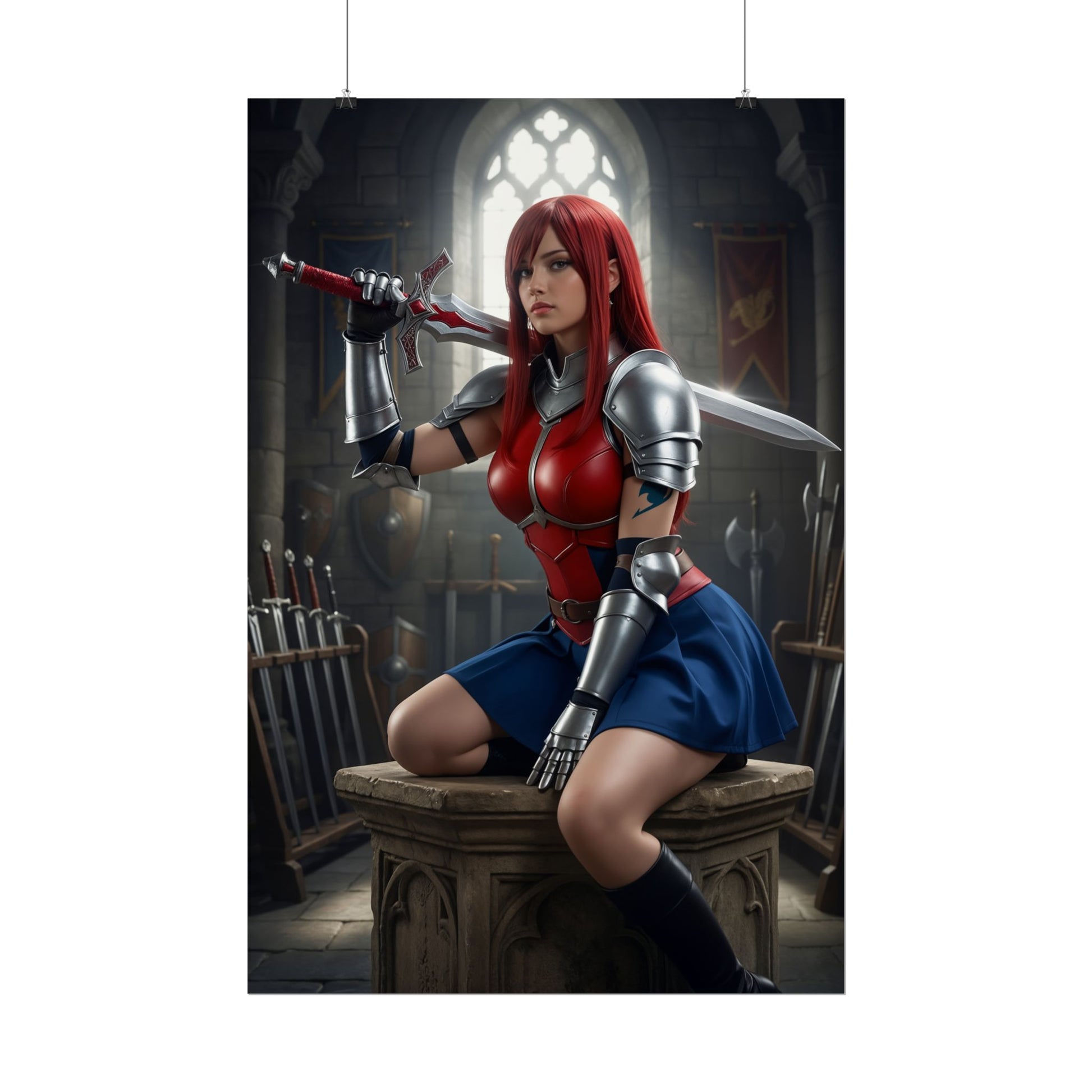 Erza Scarlet Poster, Fairy Tail Art Print, Iconic Armor Warrior Wall Decor — armored Erza Scarlet seated with sword in dim medieval armory