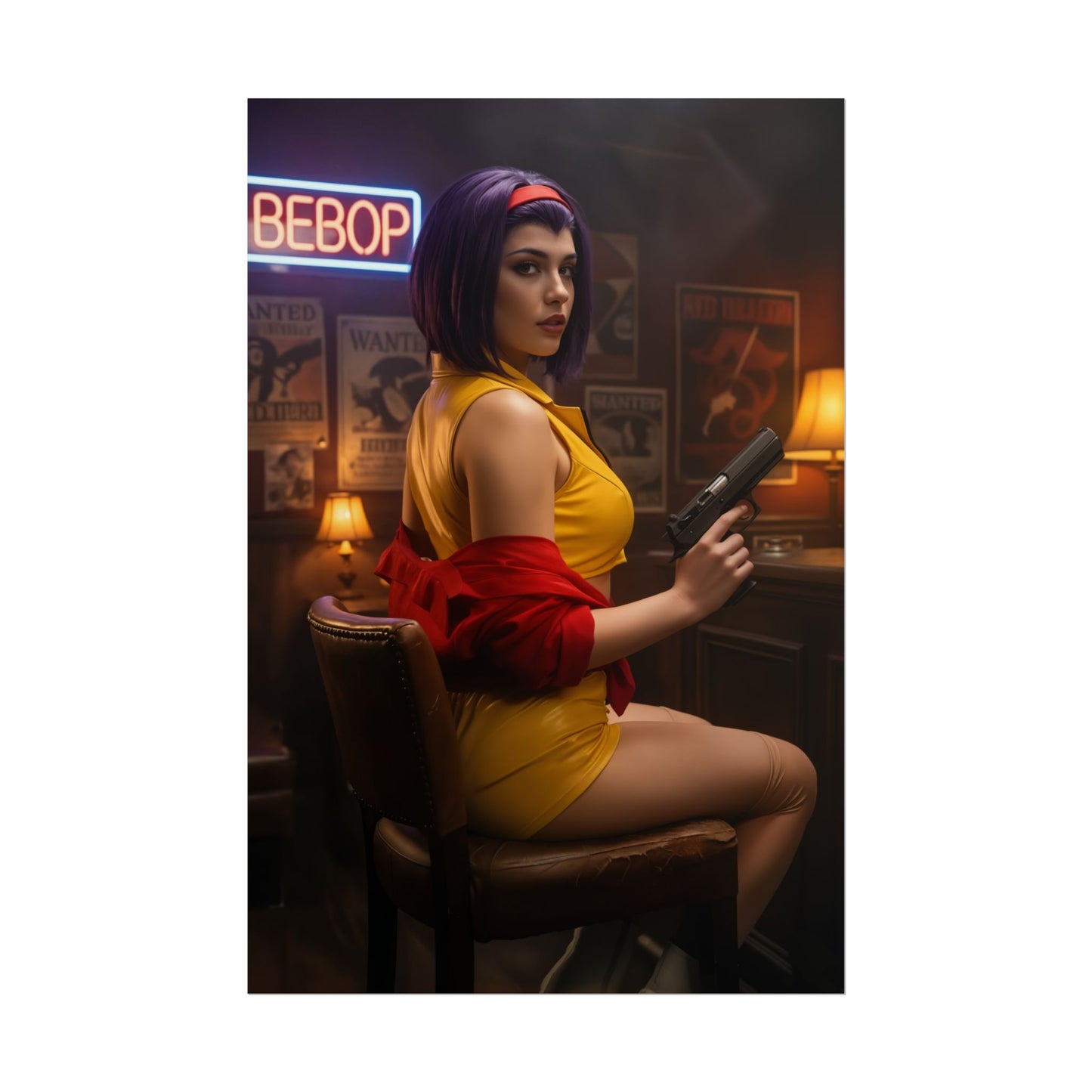 Faye Valentine Poster, Cowboy Bebop Art Print, Iconic Anime Character Wall Decor — cinematic Faye with gun in retro sci‑fi room