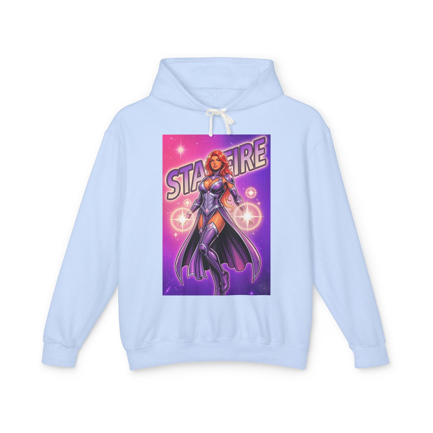 Starfire Hoodie | DC Superhero Hoodie | Cosmic Princess Pullover light blue hoodie with vibrant Starfire cosmic heroine graphic, soft cotton pullover