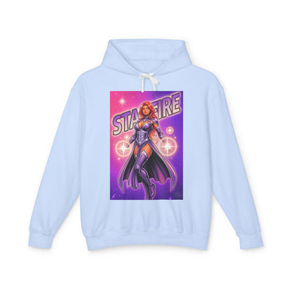 Starfire Hoodie | DC Superhero Hoodie | Cosmic Princess Pullover light blue hoodie with vibrant Starfire cosmic heroine graphic, soft cotton pullover