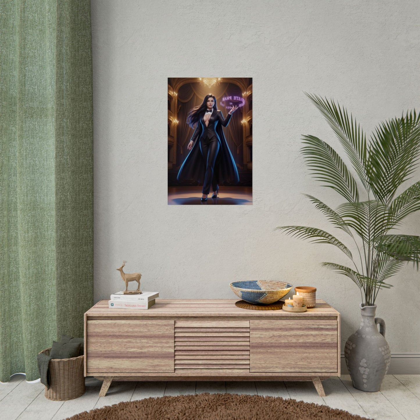 Zatanna Poster, DC Comics Wall Art Print – Sorceress Decor hanging above mid-century console, elegant fantasy gamer room wall art