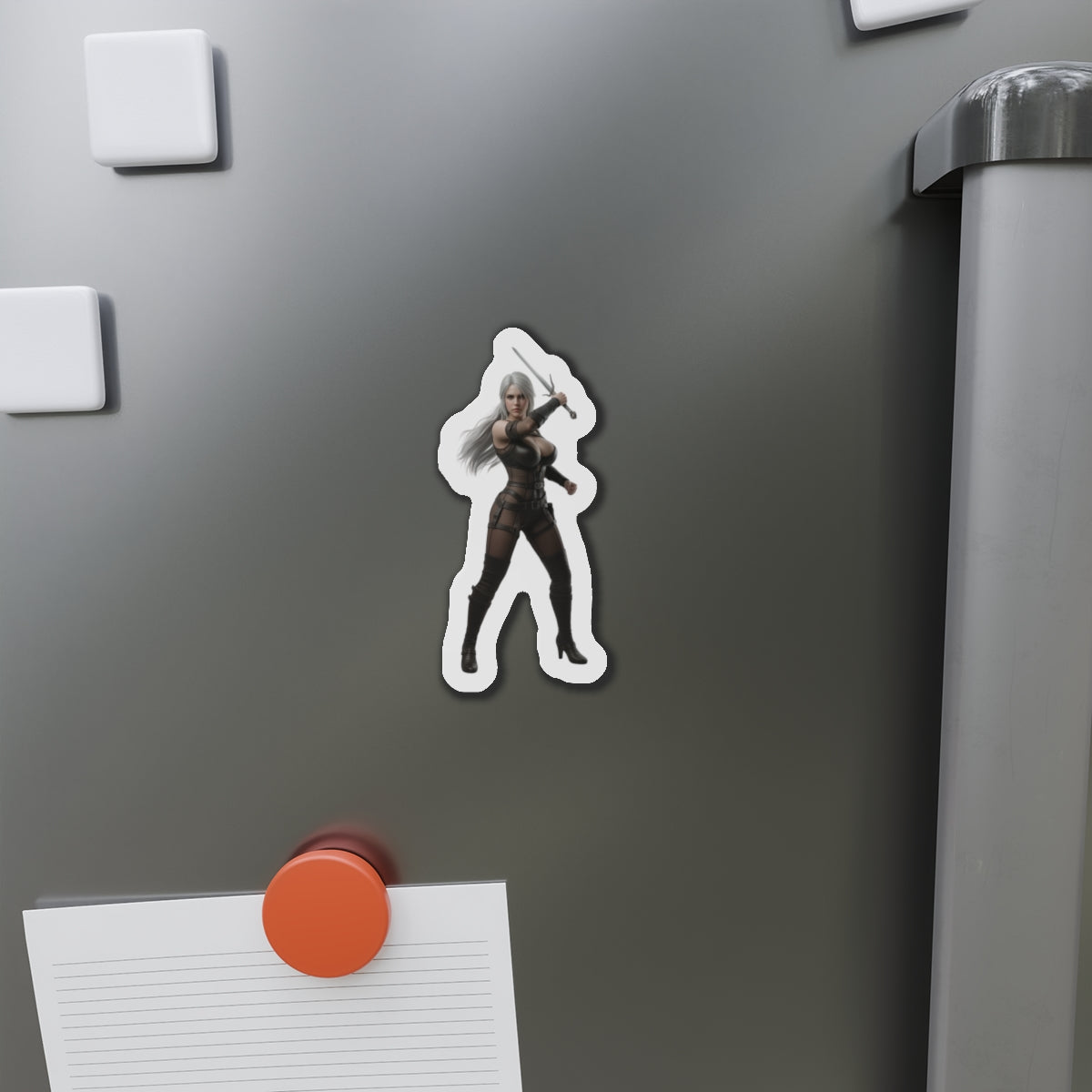 Ciri Magnet – The Witcher Game Heroine Fridge Magnet, Anime Style Decor: die-cut vinyl magnet of Ciri on a fridge, anime-style high-res print