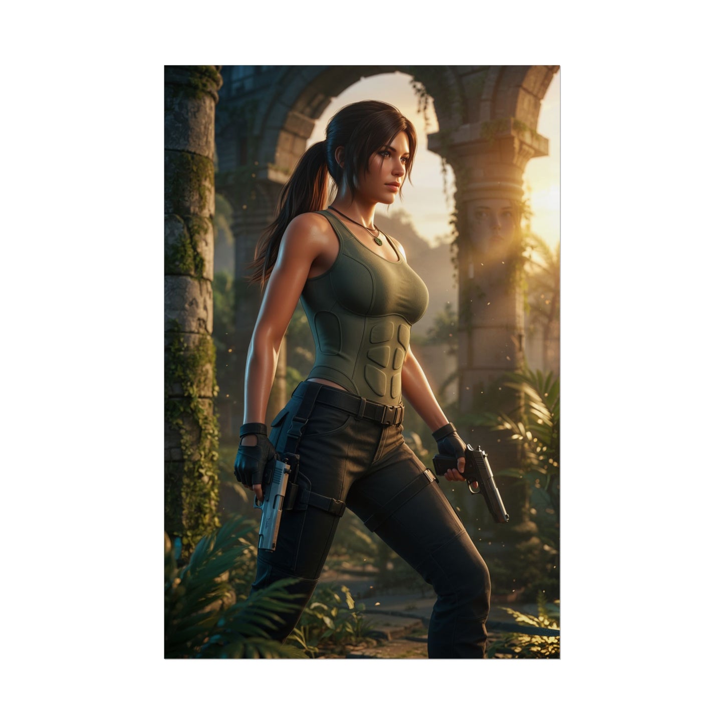 Lara Croft Poster, Tomb Raider Wall Art Print – Gaming Adventure Decor action pose poster of iconic video game heroine in jungle ruins