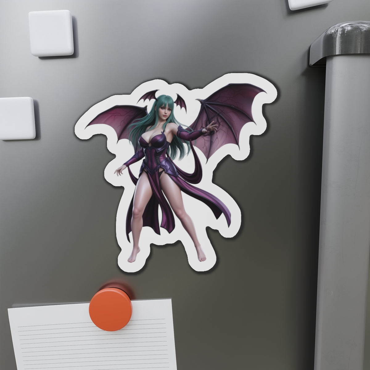 Alt Tag: Morrigan Aensland Magnet – Darkstalkers Anime Heroine Fridge Magnet die-cut vinyl magnet on fridge showing Morrigan Aensland artwork