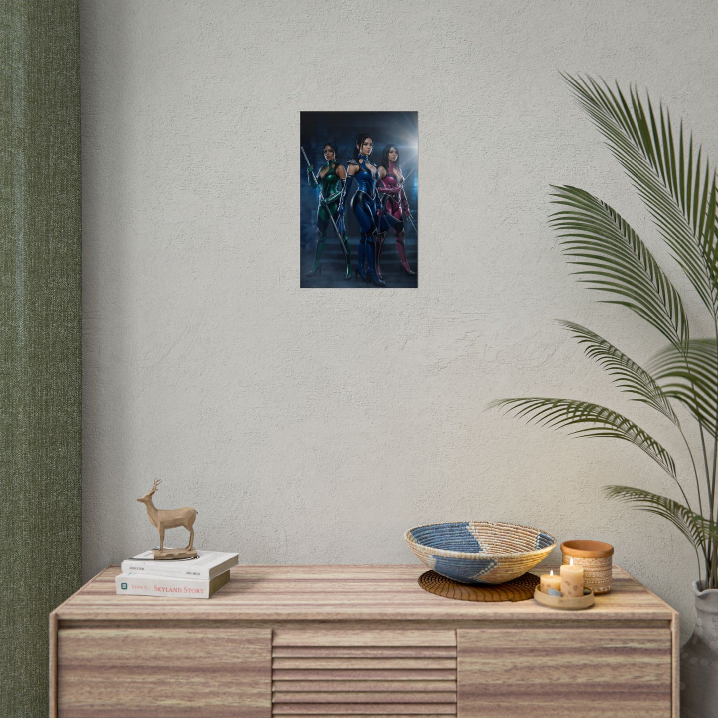 Kitana Jade Mileena Poster, Mortal Kombat Art Print – Iconic Fighter Trio on modern wall above console, vibrant gaming room decor