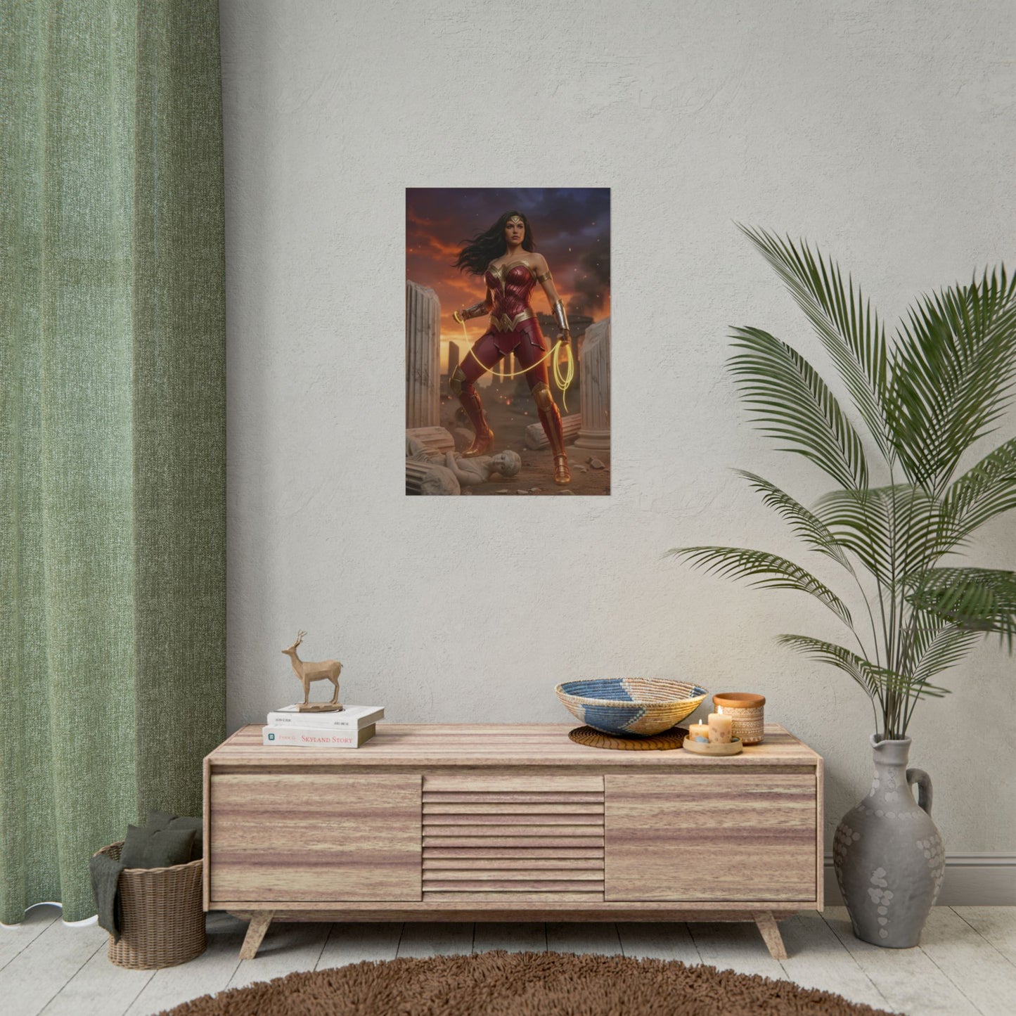 Alt Tag: Wonder Woman Poster, DC Comics Art Print – Superhero Wall Art showing dynamic Wonder Woman print on a modern entertainment room wall