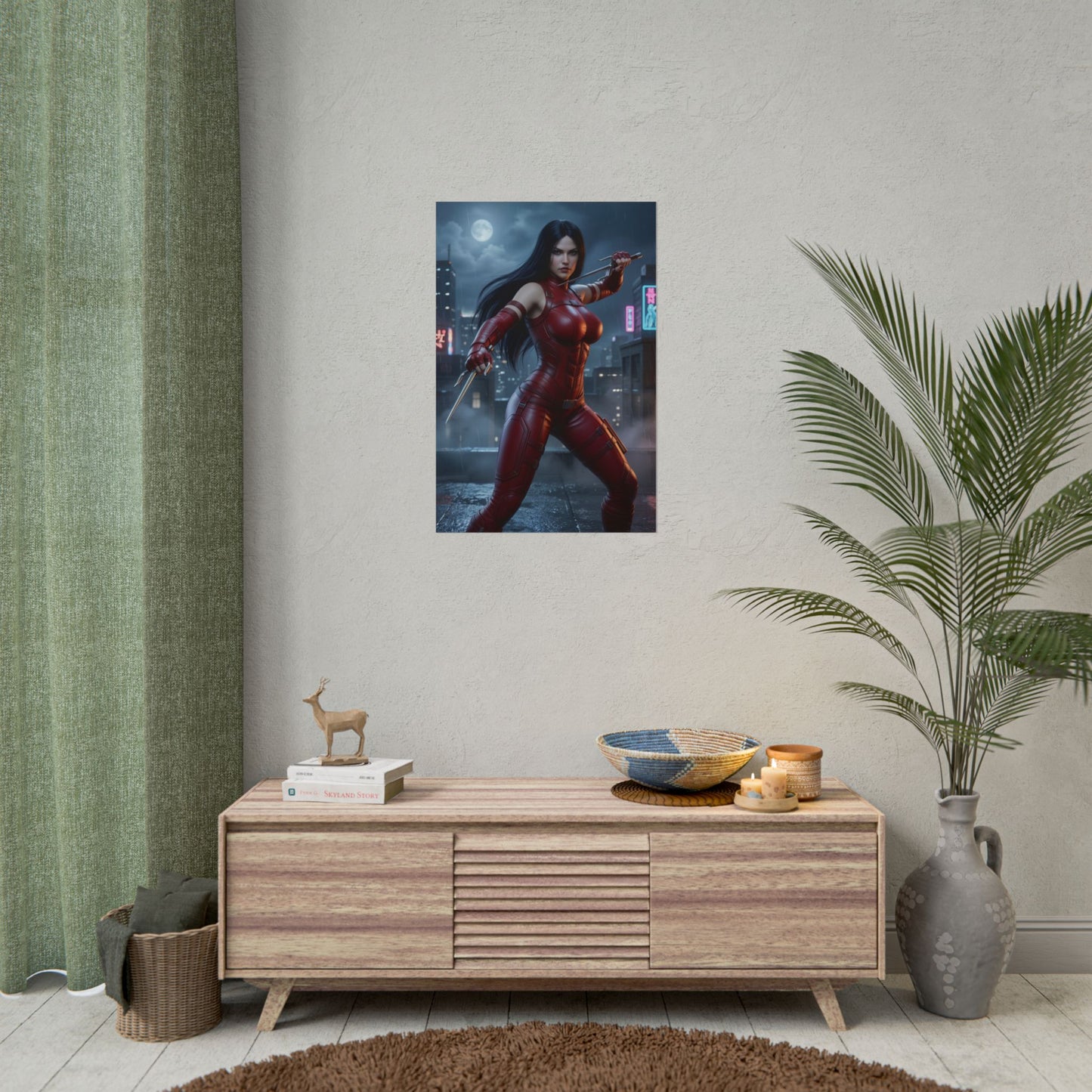 Elektra Poster, Marvel Wall Art Print – Comic Heroine Decor poster displayed above media console in stylish gamer room