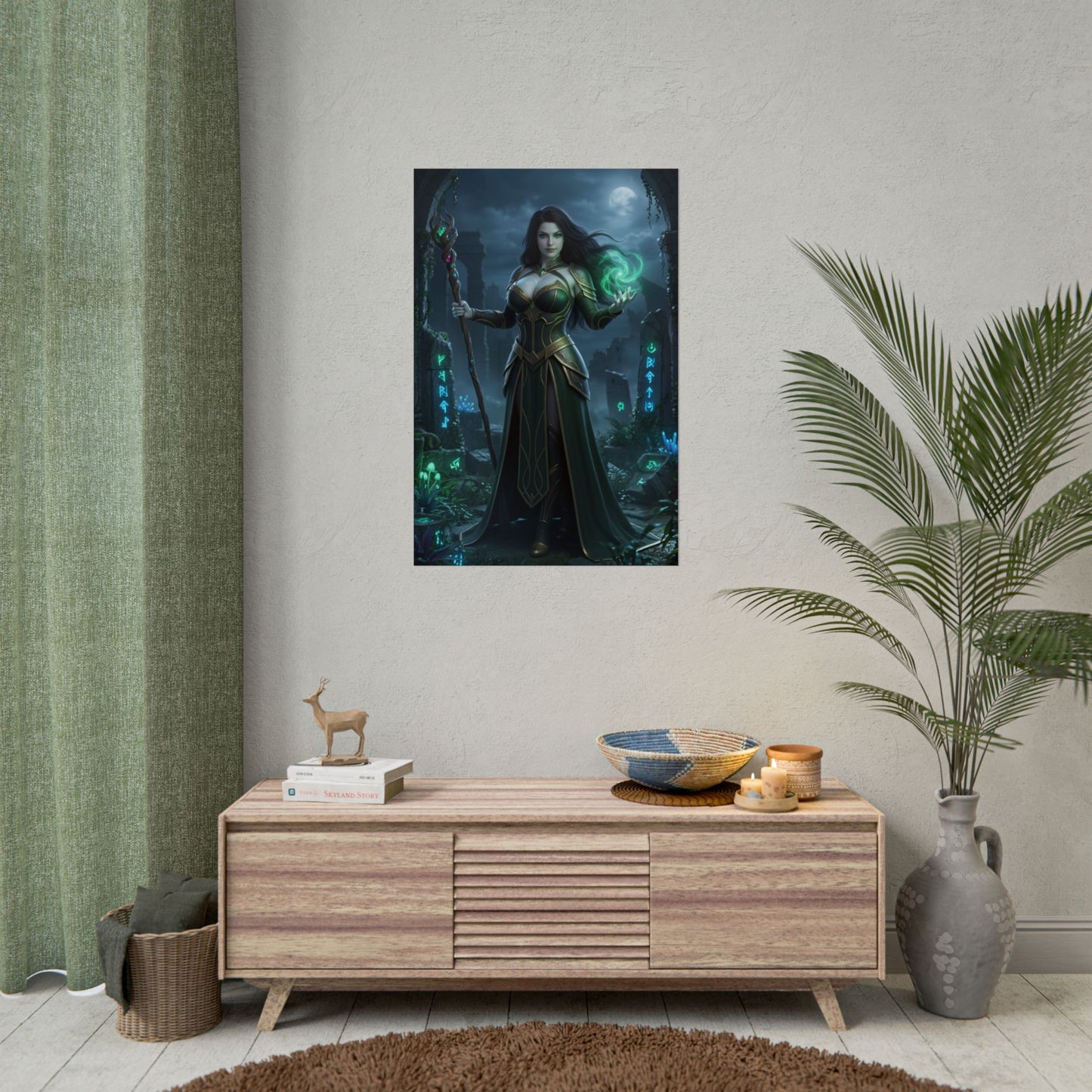 Circe Poster, DC Comics Art Print – Mythic Villainess Wall Art framed on living room wall above console, dark mythic decor