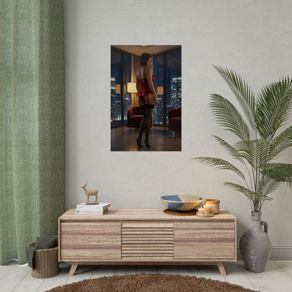 Ada Wong Poster, Resident Evil Art Print – Iconic Survival Heroine hanging in modern gamer room over console, dramatic city-night lighting